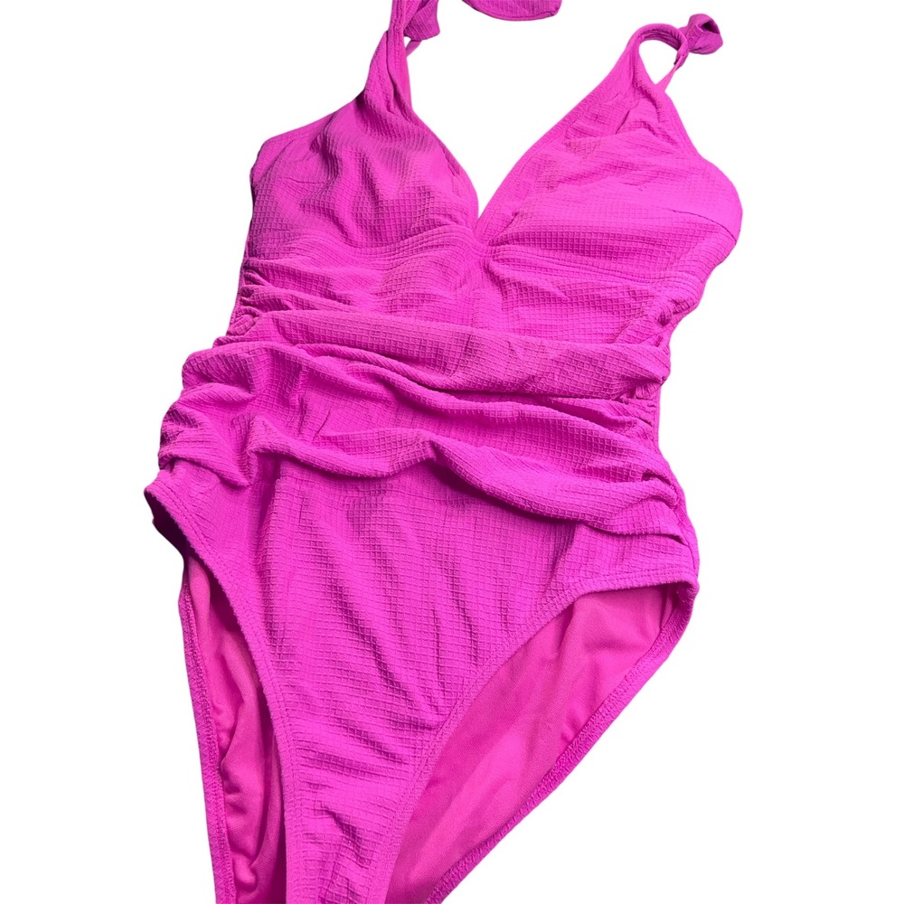 Ellen Tracy Hot Pink Textured One Piece Swimsuit Ruched V-Neck Fuchsia Size 10